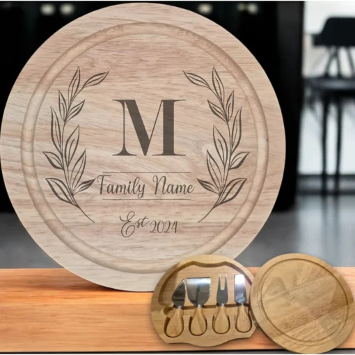 Personalised Cheese Board Set - With Monogram, Family Name, and Est Date.