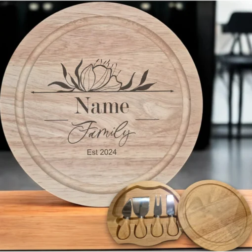 Personalised Cheese Board Set - Floral Design with Family Name, and Est Date.
